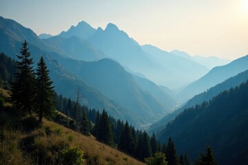 Fototapeta premium Mountain landscape with towering trees and foggy smoke, serene, earthy, mountain