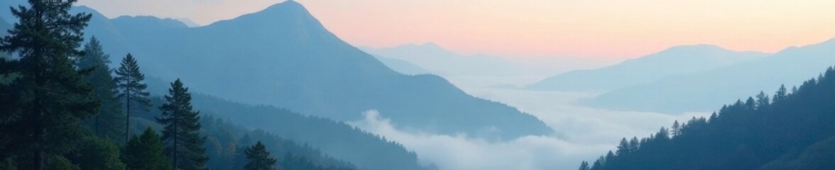 Fototapeta premium Mountain landscape with towering trees and foggy smoke, tree, mountain