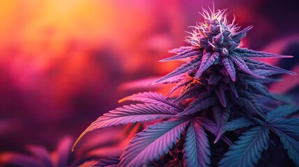 cannabis leaves in vibrant neon light purple, pink, blue, yellow. cannabis marijuana foliage texture on a black background in rgb light. medicinal hemp, a new look at the agricultural hemp strain.
