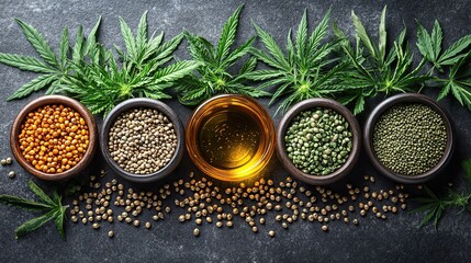 Cannabis leaves, CBD oil, and hemp seeds on a dark background. Discover organic health benefits and holistic medicine.
