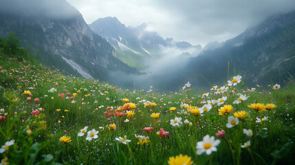Fototapeta premium Rain Kissed Wildflowers in Misty Mountain Valley