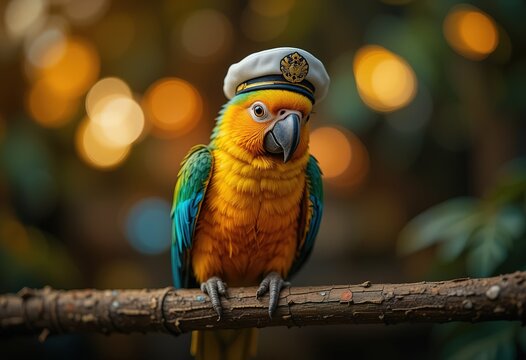 A vibrant sun conure parrot, perched on a branch, adorably wears a miniature sailor's hat against a softly blurred background.