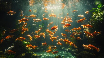 Sunlit Koi Pond, Underwater Fish Swarm, Aquatic Plants