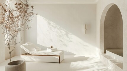 Serene Spa Interior Minimalist White Relaxation Room with Sunlit Daybed