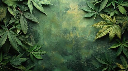 cannabis texture, marijuana leaf pile background with flat vintage style. multiple green hemp leaves on a dark green background. concept of cannabis plant, natural health and organic products.