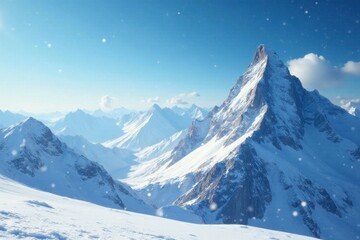 Fototapeta premium Mountains pierce the sky as snowflakes gently fall, snowy mountains, alpine mountains,