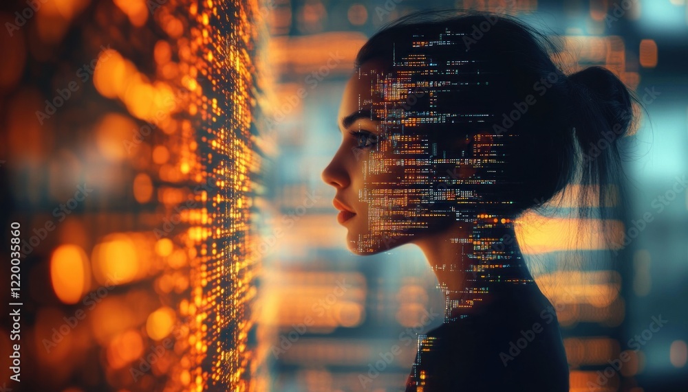 Aufkleber cyberpunk woman programmer analyzing holographic data at night with software development and cyber s