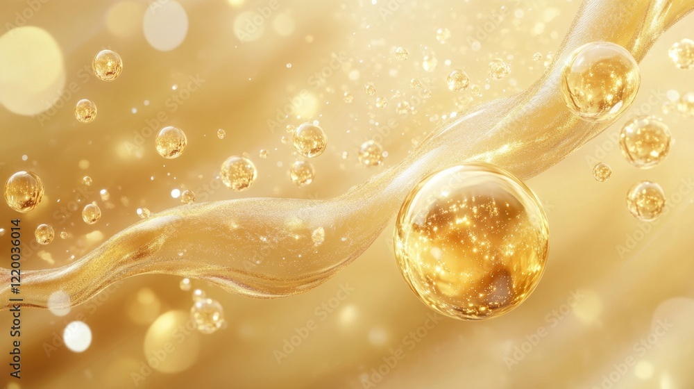 Poster golden bubbles with soft fluid flowing on shiny background texture