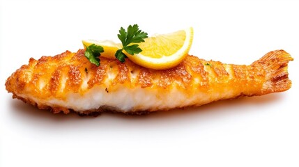 Fried fish with lemon and parsley on a white background. Generative AI