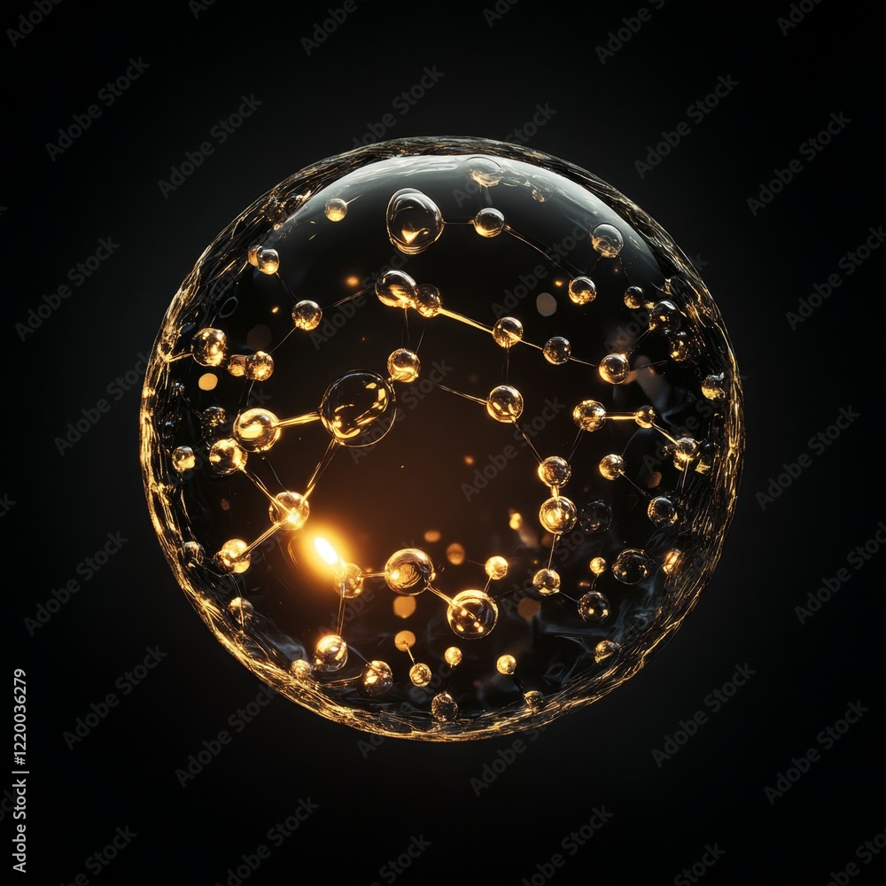Poster abstract glowing sphere with molecular structure on dark background