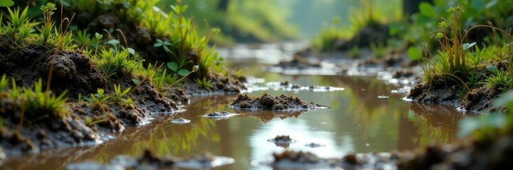 Muddy terrain with puddles of dirty water and algae growth, grimy, mud, algae