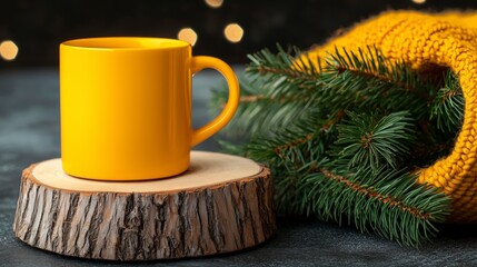 Bright Yellow Mug on Rustic Wooden Slice with Evergreen Branches and Cozy Knit Blanket, Festive Winter Scene, Warm and Inviting Holiday Vibes, Perfect Seasonal Coffee or Tea Moment.