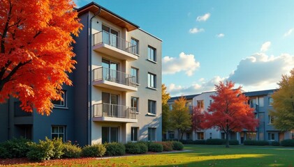 Multifamily residential building with orange and red leaves against a blue background, autumn, leaf, green
