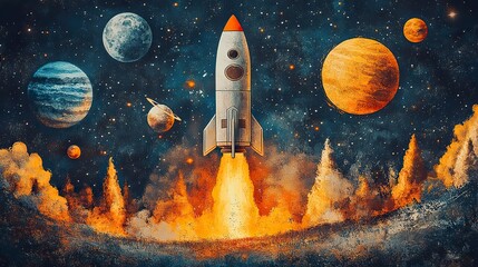 Children watch rocket launch into space with planets and stars. Colorful scene of space exploration, adventure, imagination.