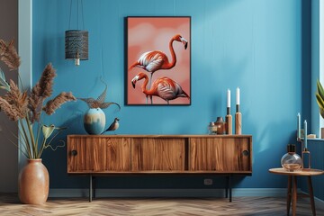 A stunning piece of flamingo artwork takes center stage in this vibrant teal living room, adding a touch of tropical elegance.