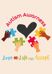 World Autism Awareness Day with hand holding puzzle pieces. Banner or background vector illustration design template. Psychological concept of Autistic children.