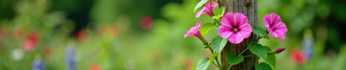 Delicate morning glory vine wrapped around a trellis post, flowers, garden
