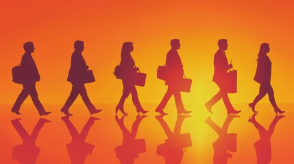 Fototapeta premium Silhouettes of business people walking at sunset, carrying briefcases. Illustrates teamwork, collaboration, or a successful business journey.