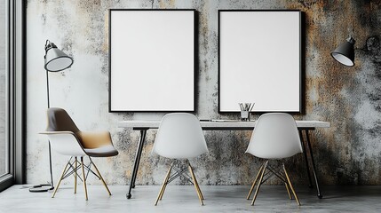 Cozy urban interior with neutral shades, framed blank canvas, concrete industrial style