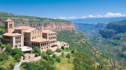 Obraz premium Ancient Stone Monastery Perched on Cliffside Overlooking Valley