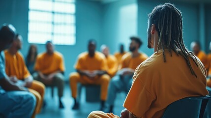 Inmates in orange jumpsuits sit in a circle for a group therapy session. The image depicts rehabilitation and prisoner support programs.
