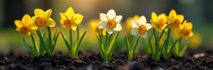 Narcissi flower shoots pushing through the soil, earth, blossom, growing