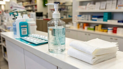 clear bottle of sanitizer with a dropper cap sits on a countertop,health care, sanitation in a well-organized pharmacy