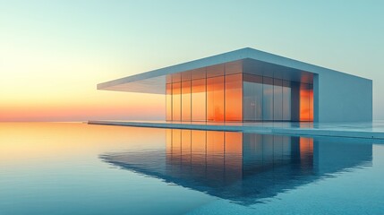 Fototapeta premium Minimalist Modern Architecture by the Sea at Sunset