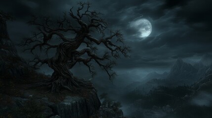 Fototapeta premium Ancient Twisted Tree Night Landscape Full Moon Dark Mountains
