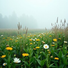 Foggy meadow with blooming wildflowers and tall grasses, foggy, grasses