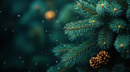 Christmas banner design with dense moody green pine fir tree branches and copy space creates a dark xmas winter festive holiday background.