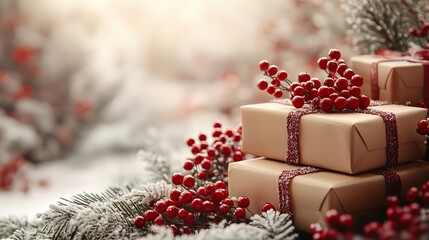 Christmas banner with kraft gift boxes and red berries. Festive winter holiday concept with copy space.