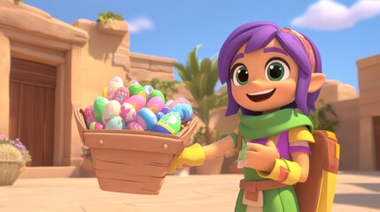 Obraz premium Animated Girl Carrying Easter Eggs in Basket