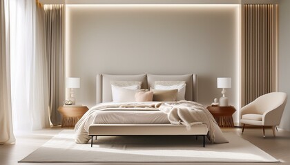 Neutral tones create a serene atmosphere in this minimalist bedroom.