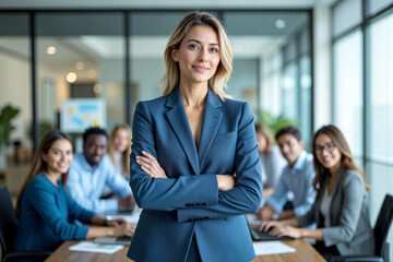 A confident woman in a business suit stands proudly with her team behind her. The nature of empowerment and teamwork, highlighting the power and influence of women in leadership roles.