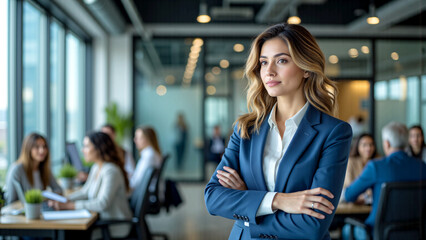 A confident woman in a business suit stands proudly with her team behind her. The nature of empowerment and teamwork, highlighting the power and influence of women in leadership roles.