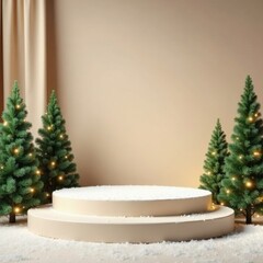 Neutral-colored backdrop with a majestic snow-covered podium featuring lush greenery and sparkling fairy lights, winter wonderland, beige