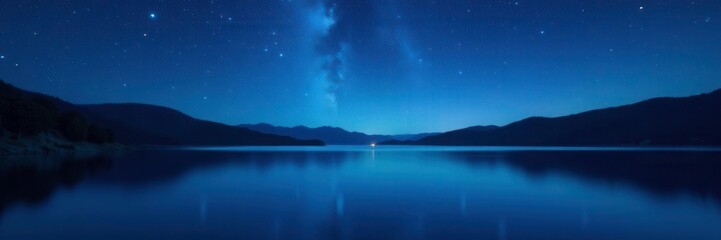 Night sky with glittering stars above a calm blue lake, Bokeh, Sparkly, Dark blue