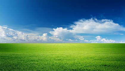 Fototapeta premium Serene landscape of vibrant green field under a bright blue sky with fluffy white clouds.
