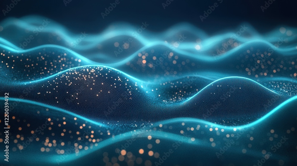 Aufkleber Dynamic Waves of Light Particles Abstract Gradient Digital Technology Background