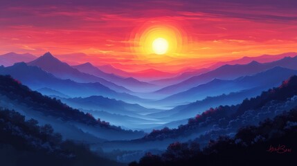Obraz premium Illuminated Majesty: Vibrant Sunrise over Majestic Mountain Range - Concept Art