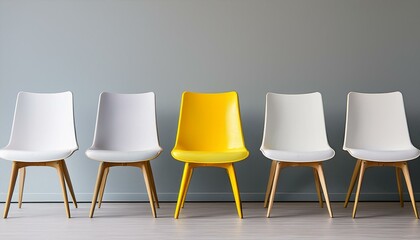 A single yellow chair stands out amongst a row of white chairs.