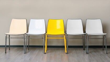 Yellow chair stands out among white and beige chairs.