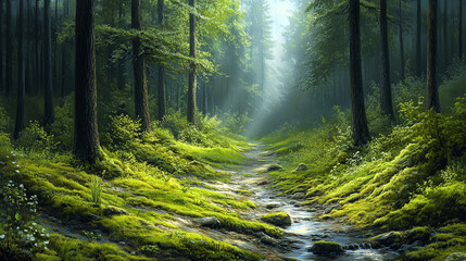 Obraz premium Sun Dappled Forest Path Lush Green Woodland Scene