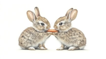 Fototapeta premium Two bunnies sharing carrot, studio, white background, Easter