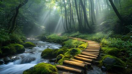 Sunlit Forest Path Beside a Tranquil River
