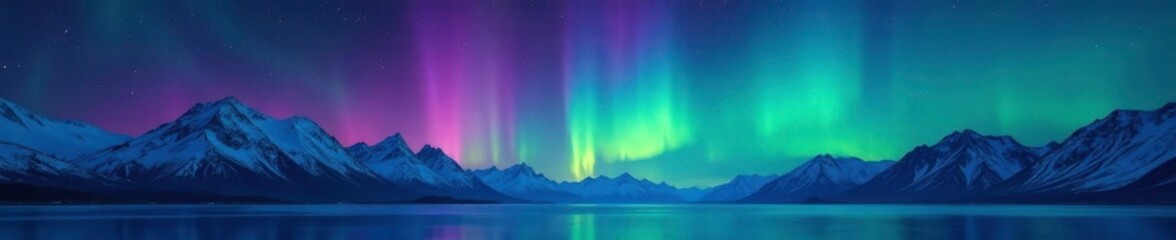 Northern Lights in the night sky with mountains, universe, stars, aurora