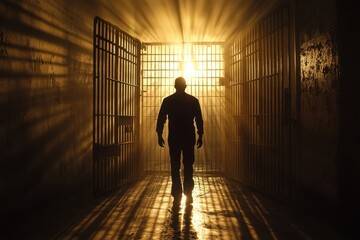 Silhouette of man walking through prison gate, sun rays streaming through bars. Illustrates themes of freedom, release, or hope after incarceration.