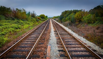 Fototapeta premium Train tracks vanish into the distance on an overcast day.