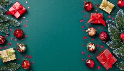 Festive Christmas border with red and gold gifts, ornaments, and evergreen branches on a teal background.